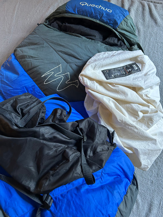 Location sac de couchage quechua en plumes -6 degrés. Taille L ( 20 euros / week-end ).